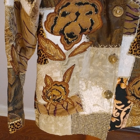 Alex Kim Patchwork Quilted Brown Gold Animal Print Floral Jacket Blazer Size S - Picture 6 of 10